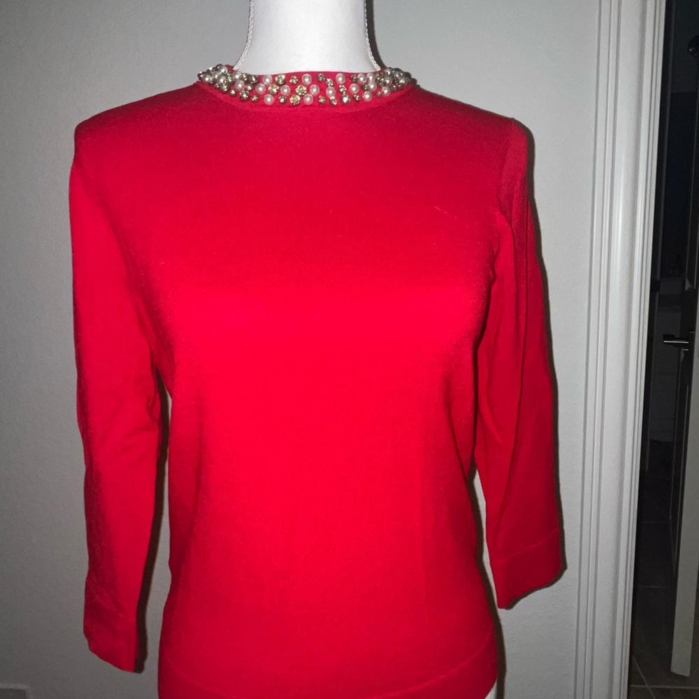 Red Sweater with Pearl Embellished Collar
